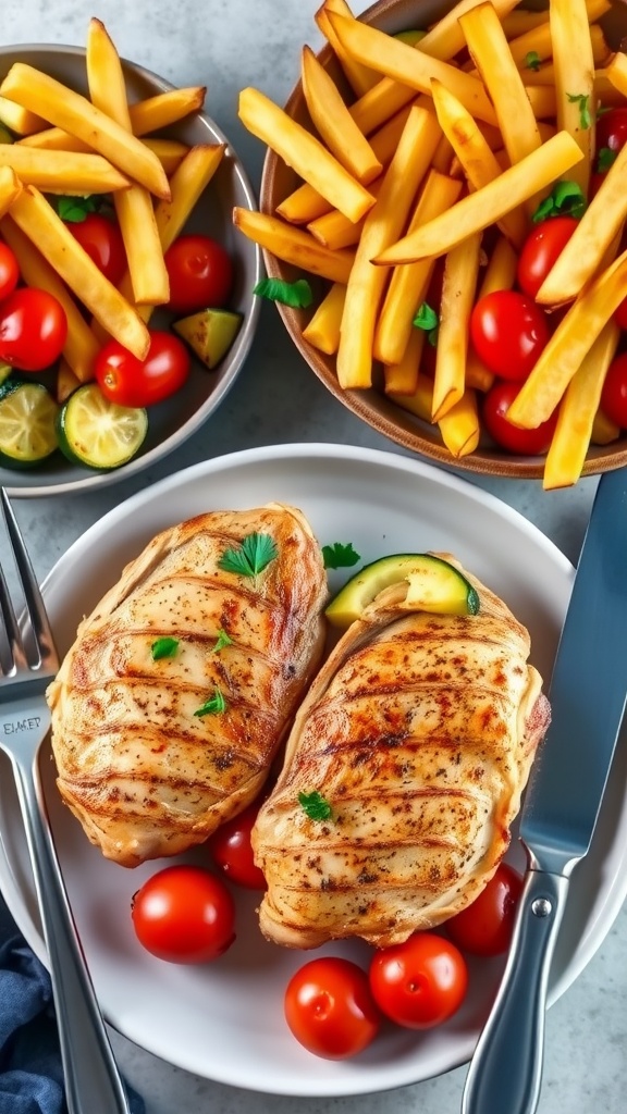 A colorful air fryer dinner plate with chicken, roasted vegetables, and French fries.
